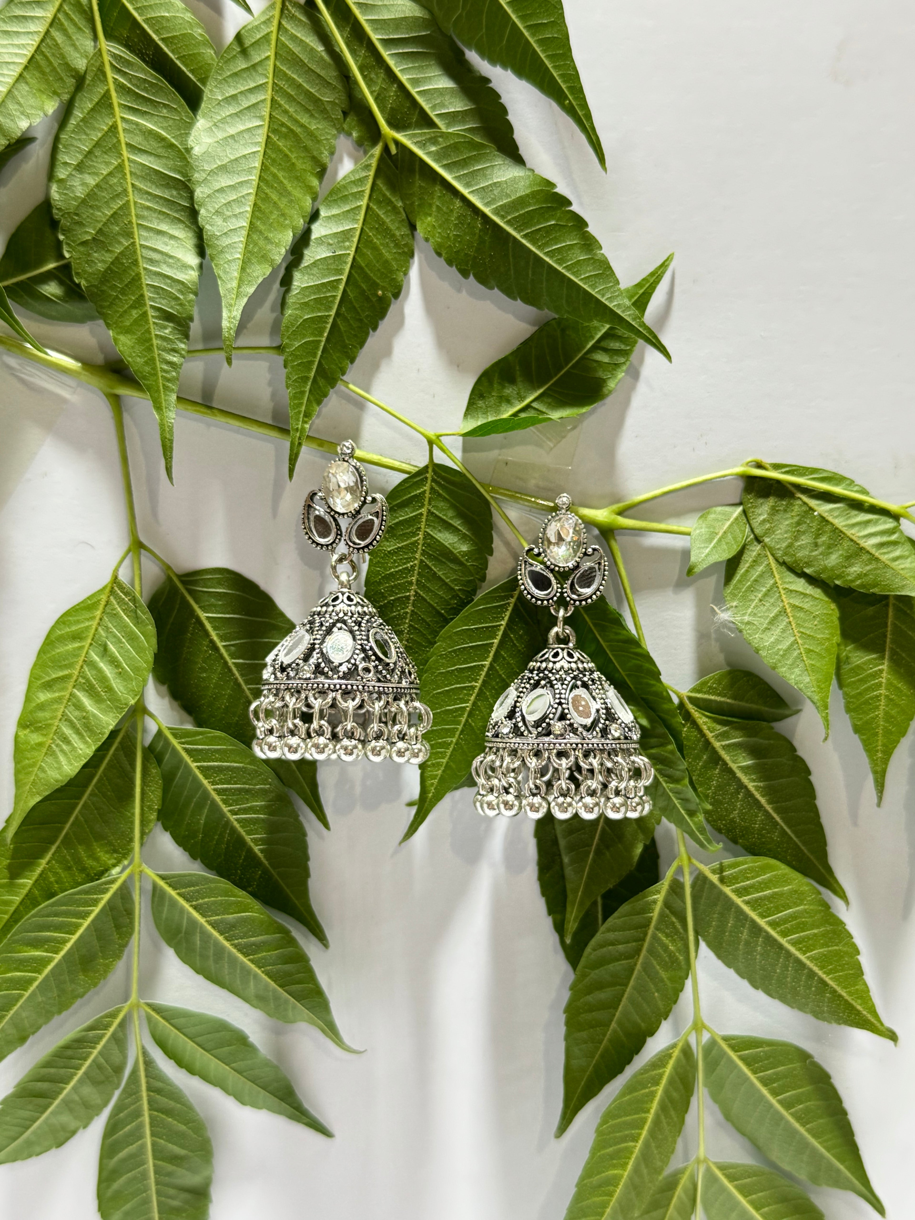 Sheesha Work Silver Jhumkas